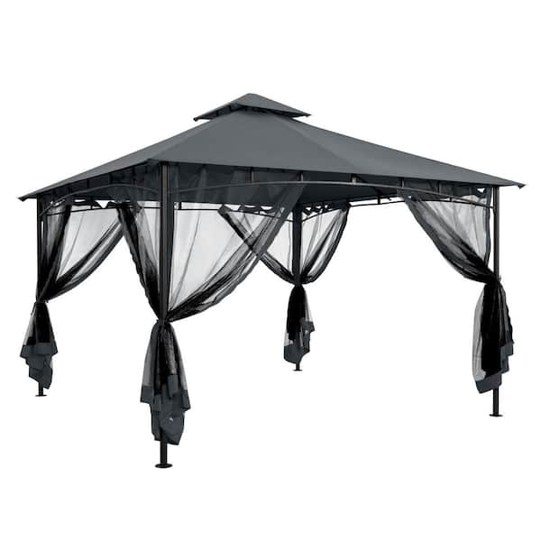 12 ft. x 12 ft. Gray Outdoor Metal Gazebo with Double Roof Soft Top and Netting