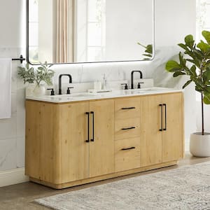 Serene 72 in. Double Freestanding Nature Brown Bath Vanity with Grain White Engineered Stone Top Assembled