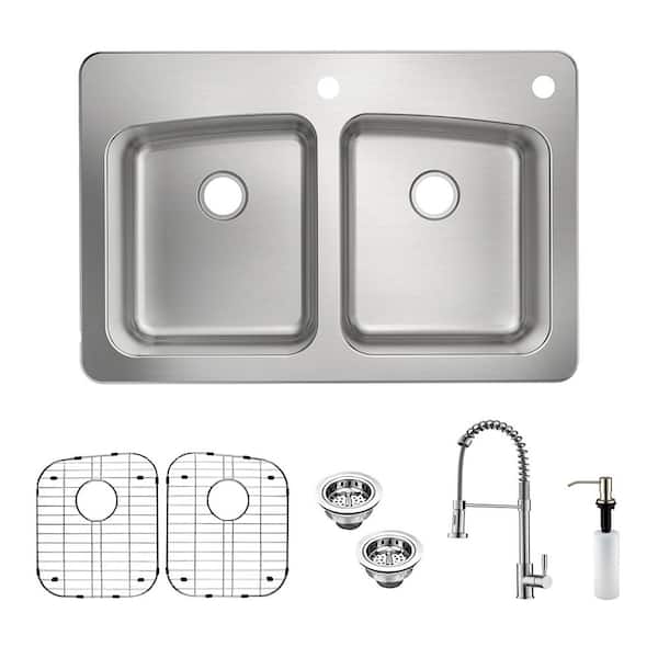 PELHAM & WHITE Belmar Dual Mount 18-Gauge Stainless Steel 33 in. 2-Hole Double Bowl Kitchen Sink with Grid, Drain, Pre-Rinser Faucet