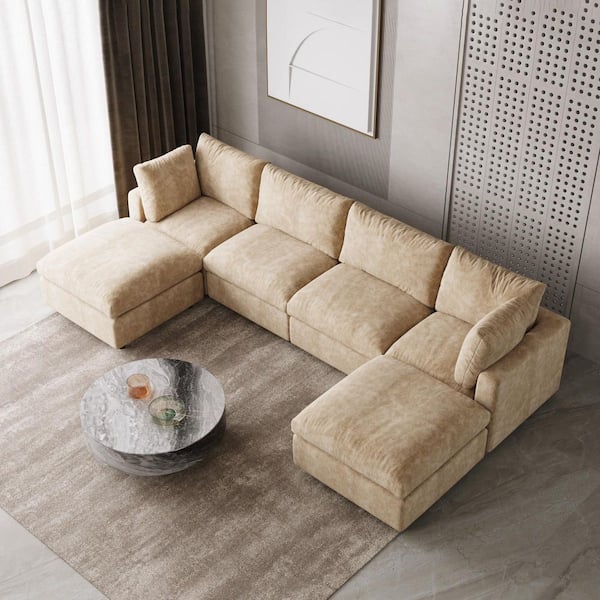 134 in. Square Arm Chenille 6-Piece U Shaped Modular Sectional Sofa with Removable Ottoman, Covers in Brown