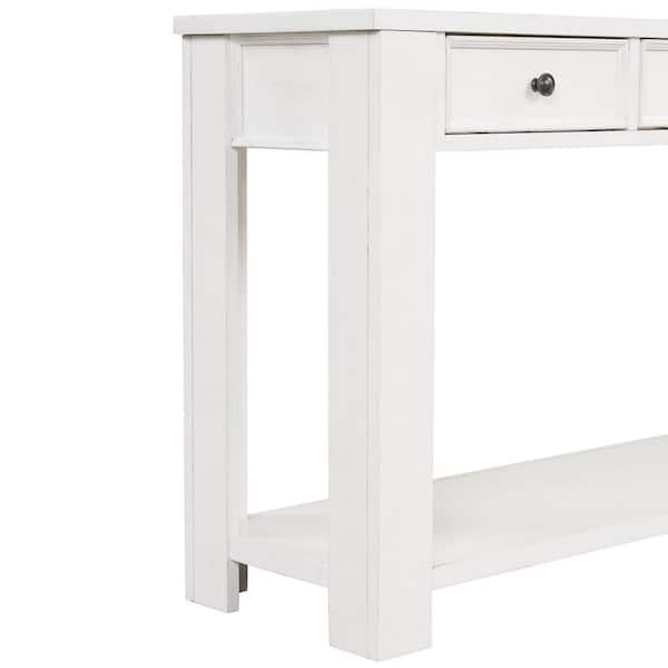 63 in. Antique White Rectangle Pine Wood Console Table Sofa Table