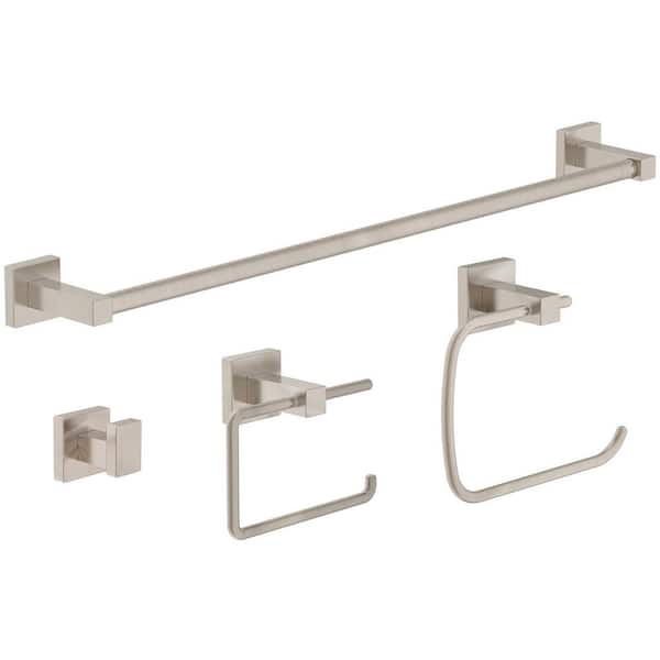 Symmons Duro 4-Piece Bath Hardware Set with Toilet Paper Holder, 18 in . Towel Bar, Robe Hook and Towel Ring in Satin Nickel