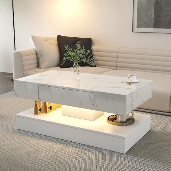 Nadia 39.4 in. White Rectangle Wood Coffee Table with LED Lights and Storage Drawer