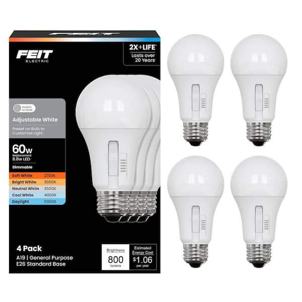 60-Watt Equivalent A19 Dimmable 90 CRI E26 LED Light Bulb Selectable White (2700K/3000K/3500K/4000K/5000K) 4-Pack