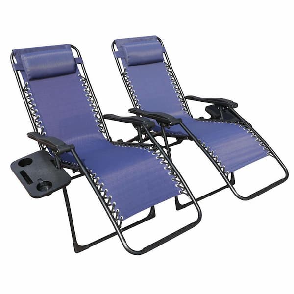 TIRAMISUBEST Foldable Reclining Zero Gravity Chair Outdoor Lounge Chair with Sidetable in Dark Blue Set of 2