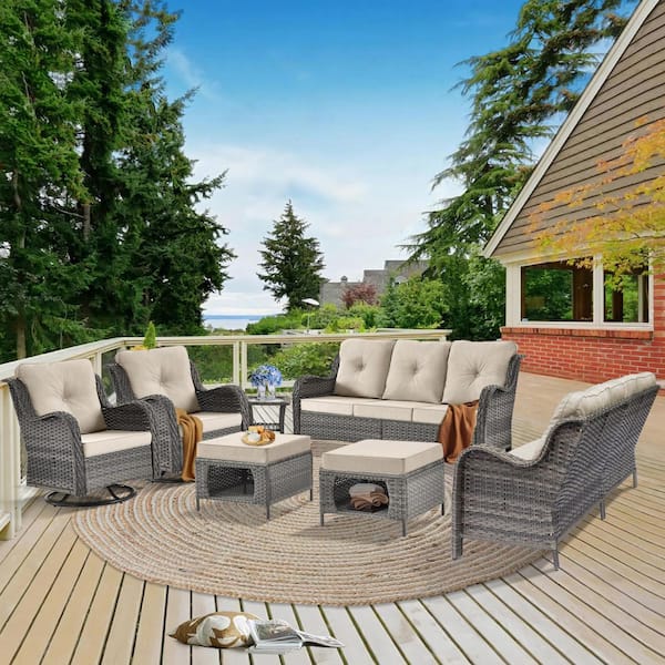 Xingzjojor Gray 7-Piece Wicker Outdoor Patio Conversation Seating Sofa Set with Beige Cushions and Swivel Rocking Chairs