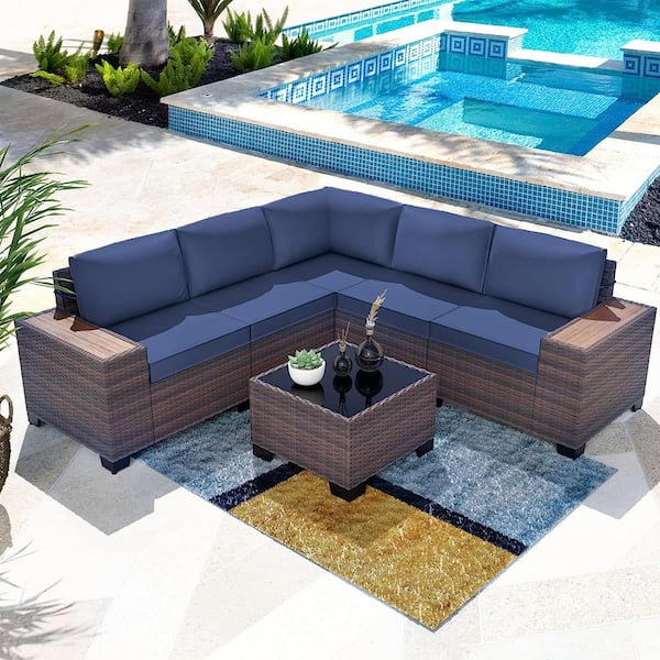 Halmuz 6-Piece Wicker Outdoor Sectional Set with Navy Cushion