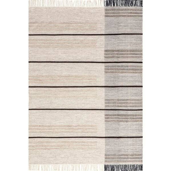 Nicky Contemporary Striped Wool Tassel Area Rug Beige 4 ft. x 6 ft. Area Rug