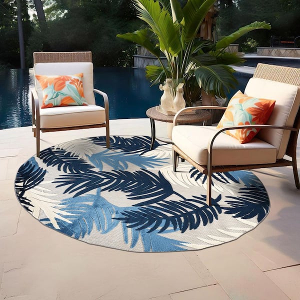 Tropical Floral Modern Indoor/Outdoor Navy 8 ft. ROUND Area Rug