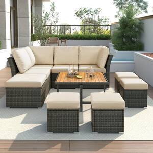 Dark Gray 10-Piece Wicker Outdoor Patio Conversation Set with Beige Cushions, Coffeetable and Ottomans