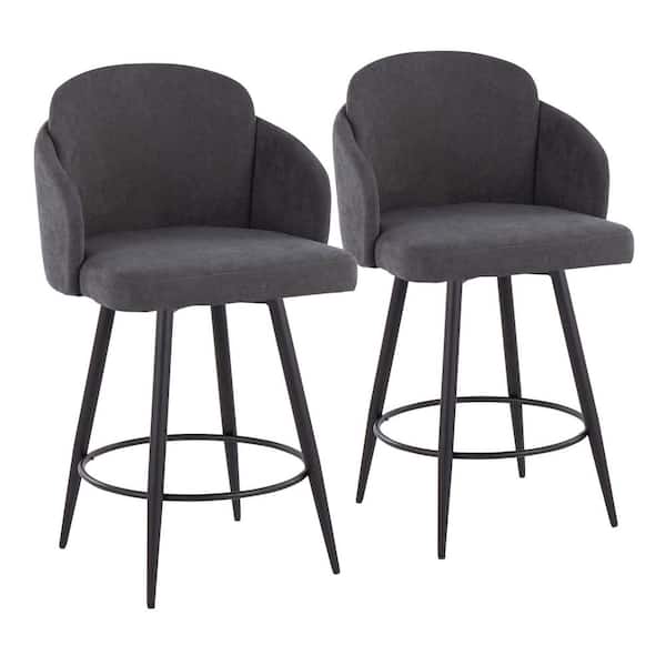 Lumisource Dahlia 40.25 in. Grey Fabric & Black Metal Counter Height Bar Stool with Chrome Metal Accent (Set of 2)