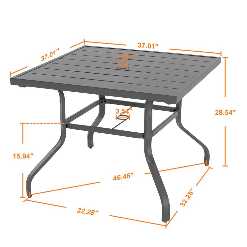 Nuu Garden Gray Iron Square Outdoor Dining Table with Umbrella Hole