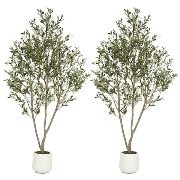hykolity 7 ft. 2-PCS Faux Olive Tree in White Pot Tall Artificial Olive Tree Artificial Plants Natural Wood Trunk For Home Decor