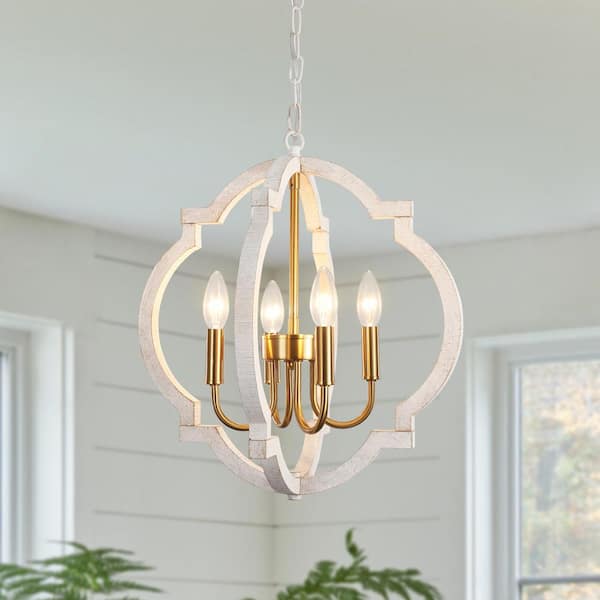 LWYTJO Tieton 4-Light Gold Vintage Orb Wood Chandelier Rustic Farmhouse Candlestick Geometric Kitchen Island Cottage Pendant