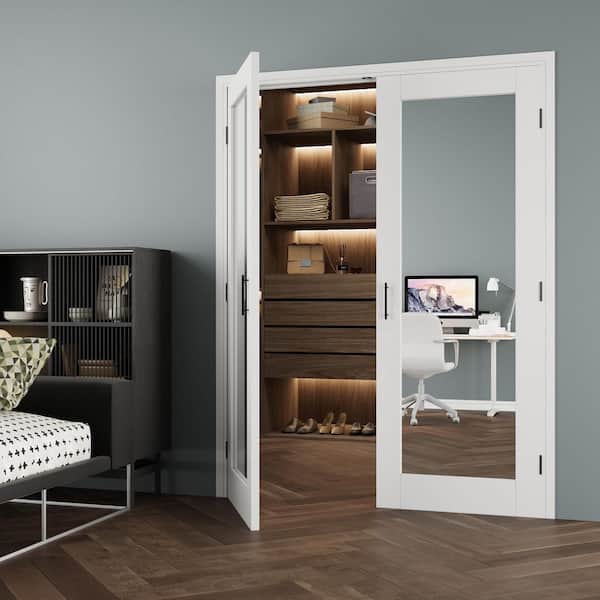 56 in. x 80 in. 1-Lite Mirrored Glass Universal White Solid Core Glass French Bi-fold Door +Separate Jamb and Ball Catch