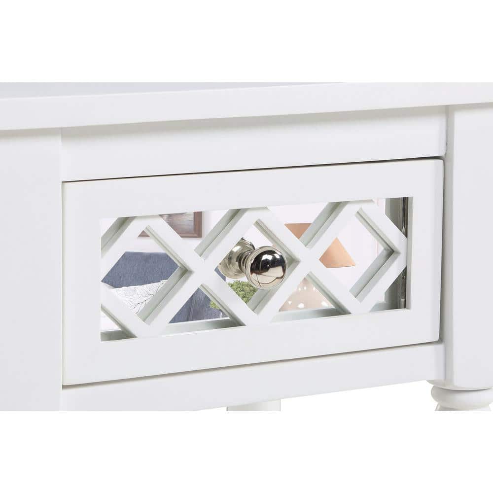 White Pinewood Square Accent Table with Mirrored Drawer