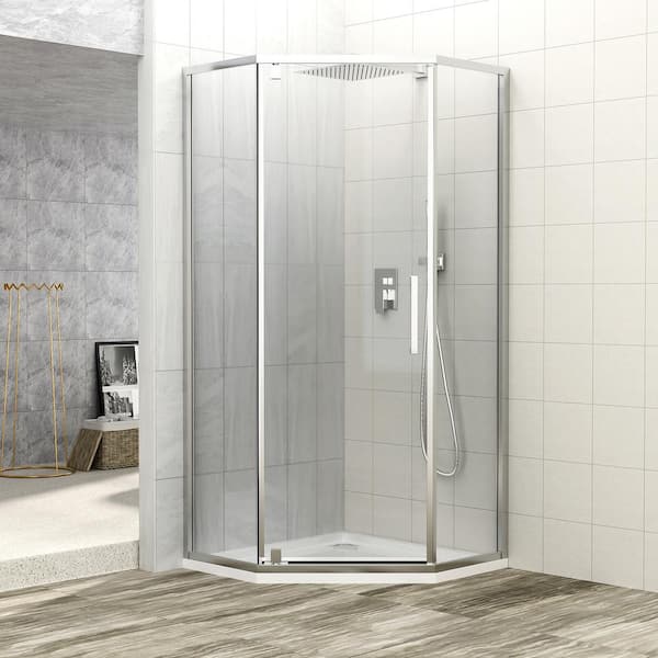 Magic Home 72 in. x 34 in. Neo-Angle Semi-Frameless Hinged Shower Enclosure Door with Pattern Glass in Chrome