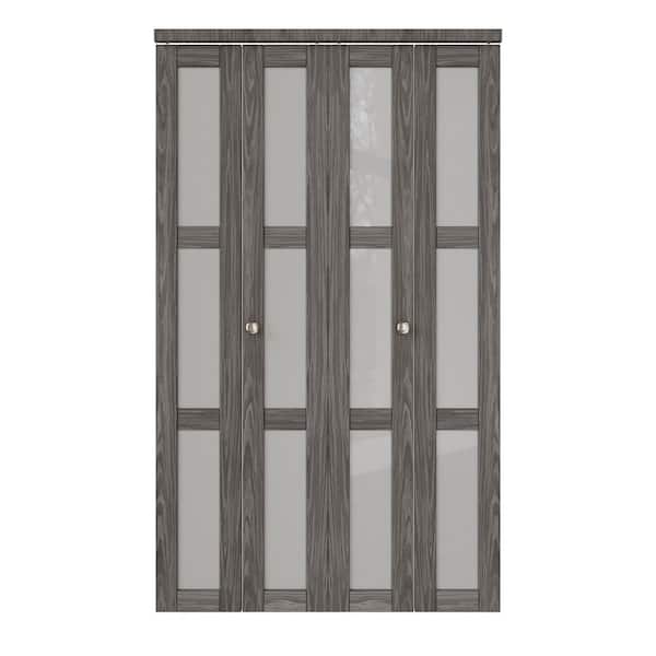 ARK DESIGN 48 in. x 80 in. 3-Lite Frosted Glass Solid Core Dark Walnut Finished MDF Interior Closet Bi-Fold Door with Hardware