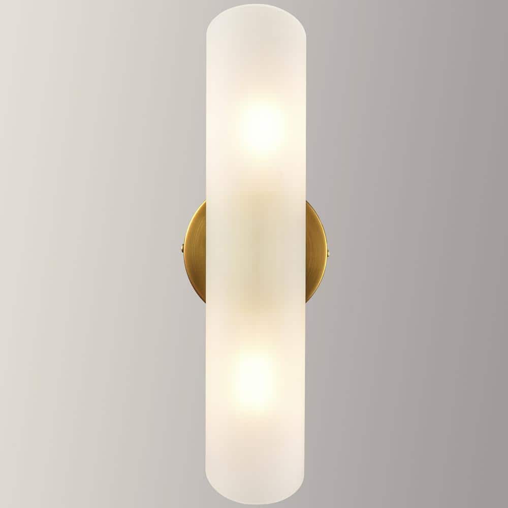 Modern Brass and Frosted Glass Cylinder Vanity Light Set