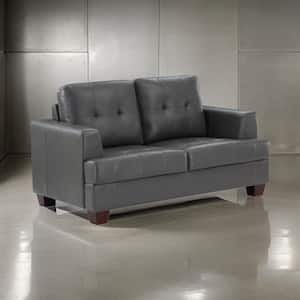 36.5 in. Gray and Brown Faux Leather 2-Seater Loveseat with Button Tufting