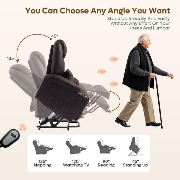 38 in. W Brown Power Lift Recliner Chair with 8-Point Massage and Heating,Living Room Chair with Pillow and Side Pockets