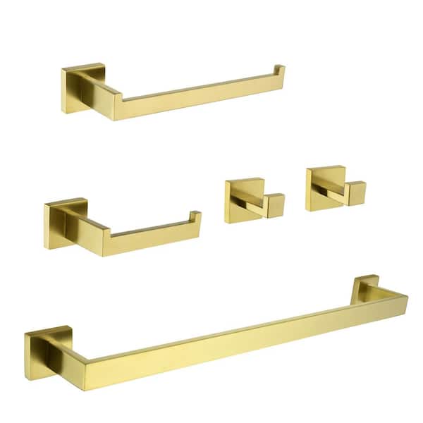Bathroom Hardware 5-Piece Bath Hardware Set with Towel Bar, Robe Hook, Toilet Paper Holder in Gold