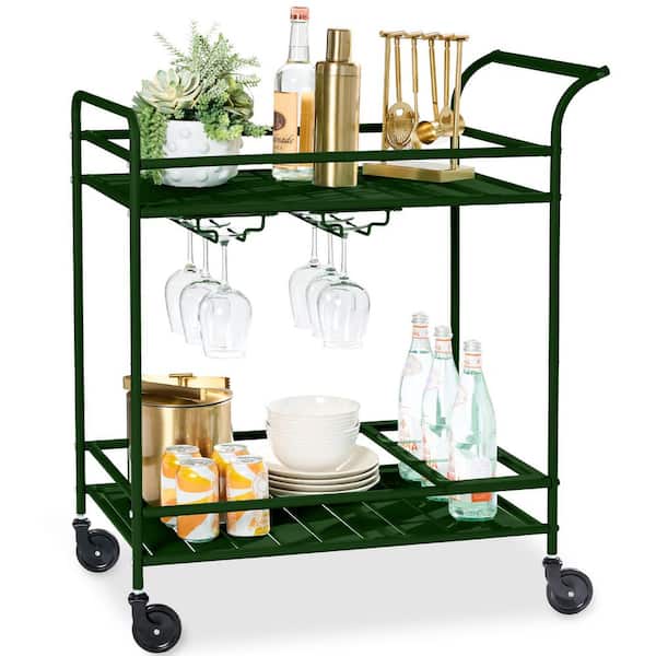 2-Tier Deep Green Outdoor/Indoor Metal Bar Serving Cart with Storage Shelves and Lockable Wheels