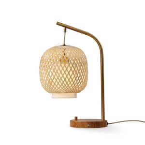 FOS 20 in. Brushed Brass & Walnut Wood Grain Arched Table Lamp with Woven Bamboo and Linen Shade and USB Port, Dimmable