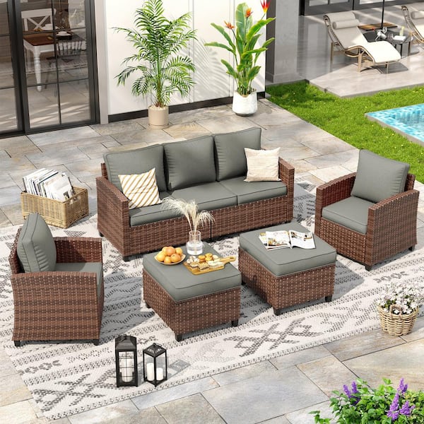 Poteban Brown Wicker 5-Person Outdoor Seating Group With Gray Cushions(1-3-Seat Sofa, 2 Single Sofa, 2 Ottomans)