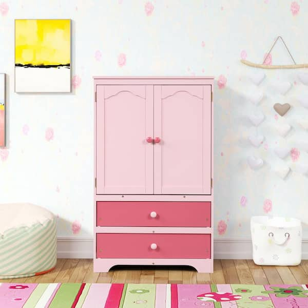 Pink Wooden Side Cabinet 2 Doors and 2-Drawers Utility Door Cabinet with Clothes  Rail Wardrobe(51.02 x 15.98 x 31.3) EC-SCP-753 - The Home Depot