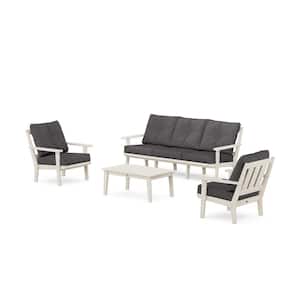 Oxford 4-Pcs Plastic Patio Conversation Set with Sofa in Sand/Ash Charcoal Cushions