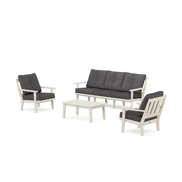 POLYWOOD Oxford 4-Pcs Plastic Patio Conversation Set with Sofa in Sand/Ash Charcoal Cushions