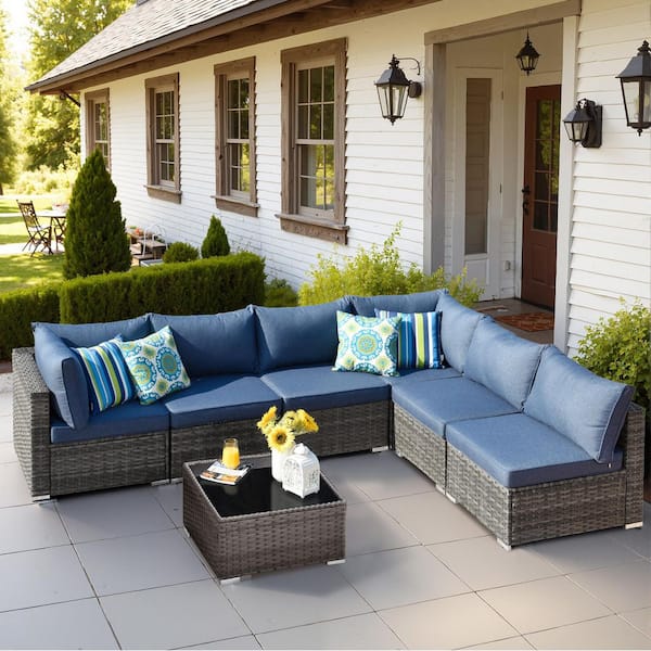 OVIOS HOPPISH Gray 7-Piece Wicker Patio Conversation Set with Denim Blue Cushions