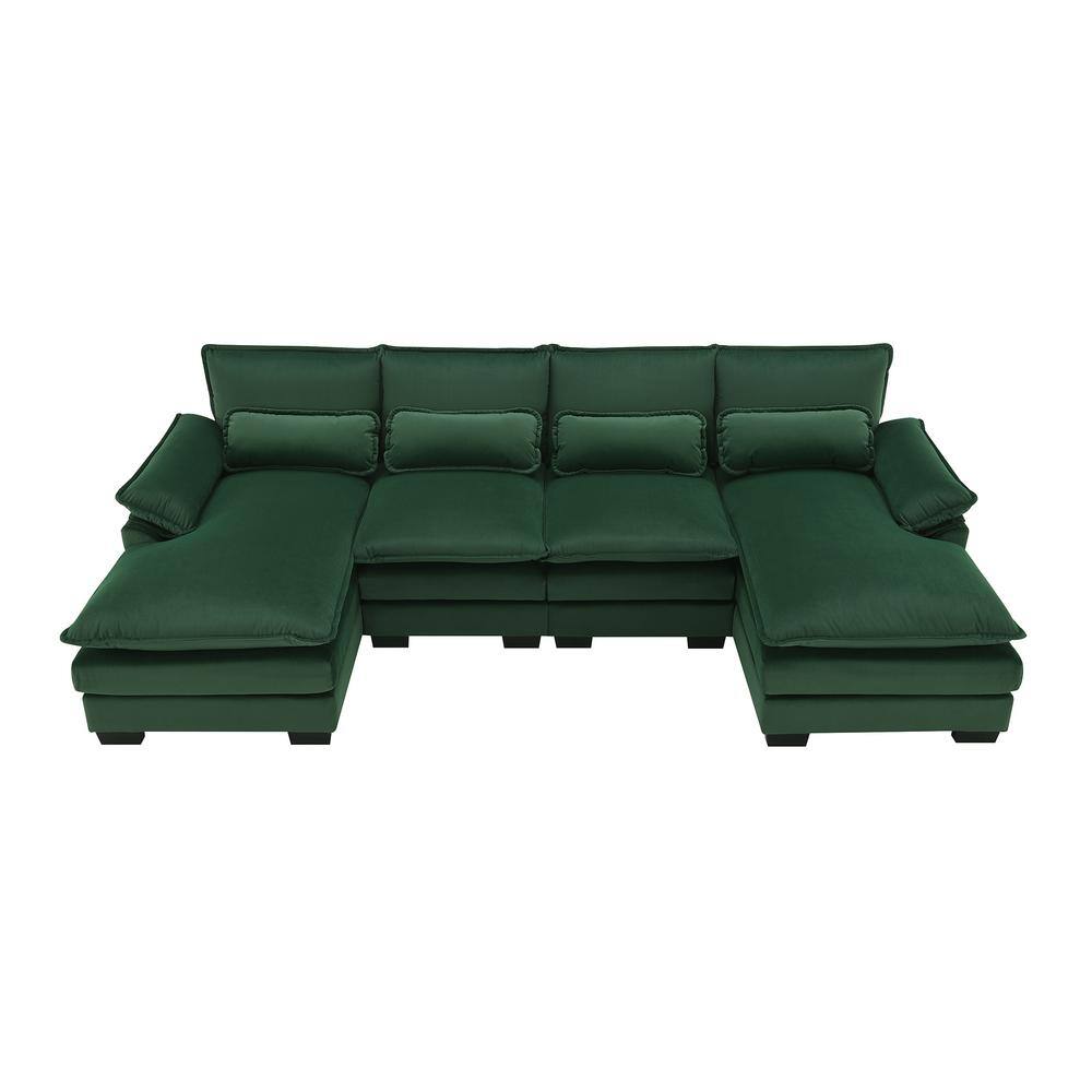 110 in. Square Arm Velvet U-Shaped Sofa with Waist Pillows in. Green