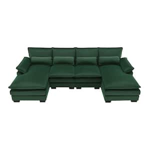 110 in. Square Arm Velvet U-Shaped Sofa with Waist Pillows in. Green