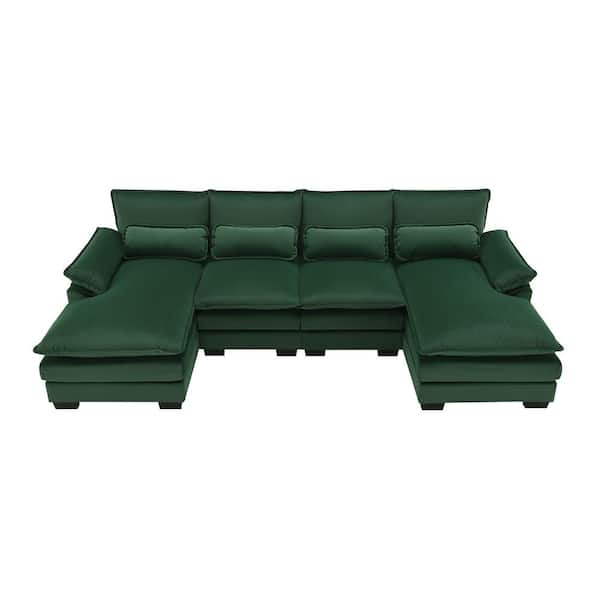 Polibi 110 in. Square Arm Velvet U-Shaped Sofa with Waist Pillows in. Green