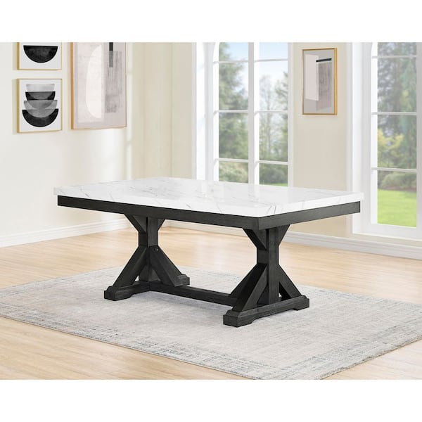 Best Quality Furniture Juno White Faux Marble Top 42 in W. Double Pedestal Base Rustic Grey Dining Table Seating Capacity of 6