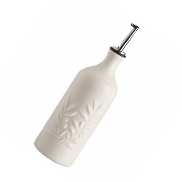 20 oz. Beige Ceramic Olive Oil Dispenser Bottle with Relief Design and Drip-Free Spout