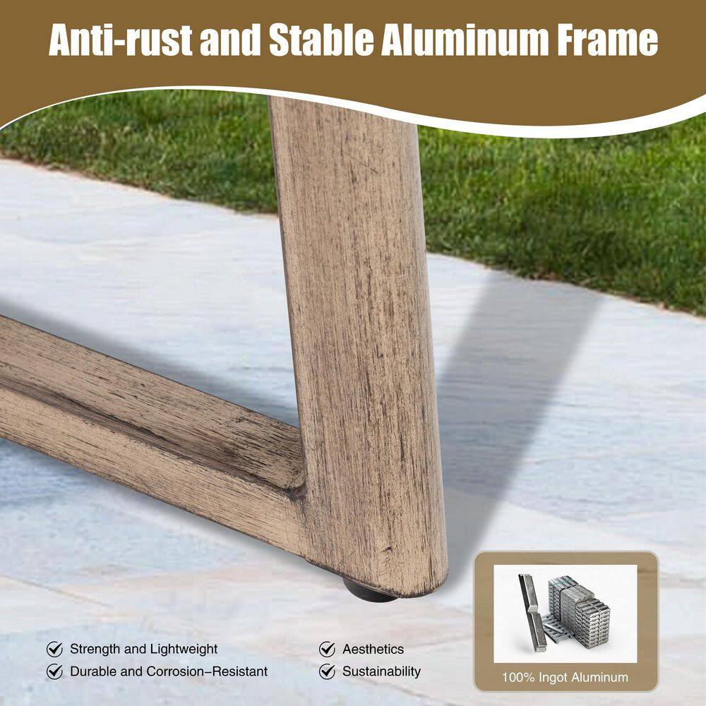 Close-up of the driftwood-colored aluminum frame leg.