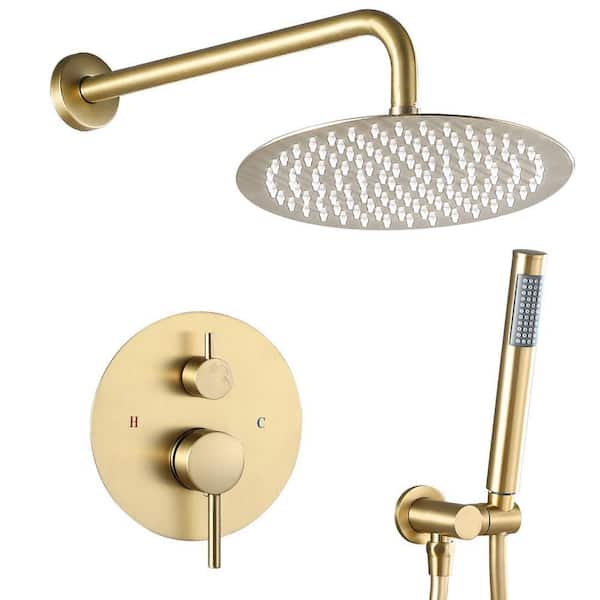 Single Handle 2-Spray Shower Faucet Bathroom Shower Combo Set 2.5 GPM with Adjustable Heads in Brushed Gold
