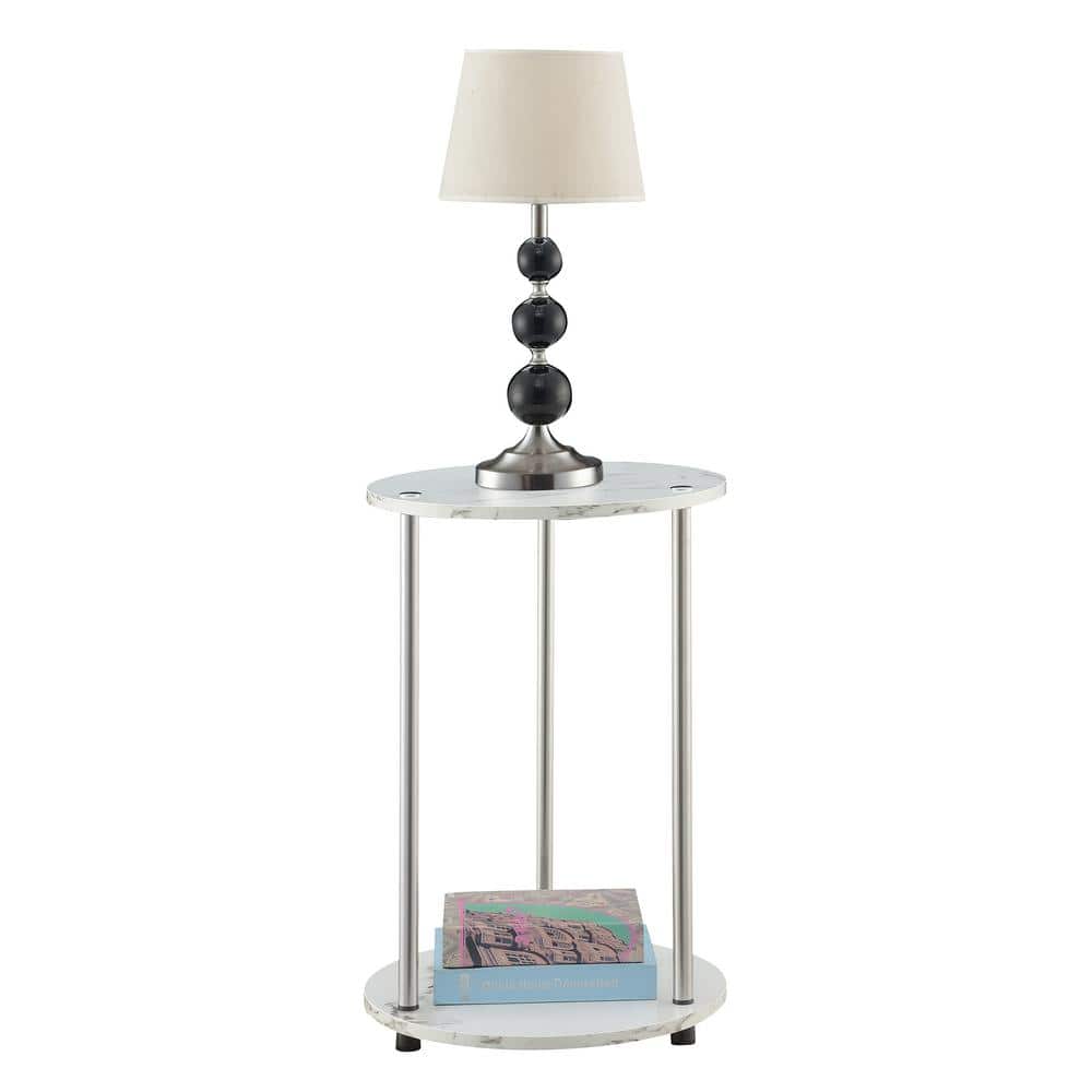 16" Round Faux White Marble and Chrome End Table