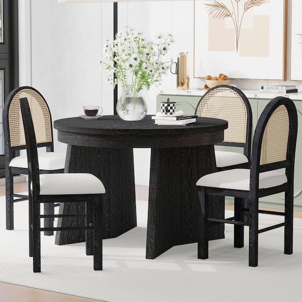 Harper & Bright Designs Retro 5-Piece Oval Espresso Wood Top Extendable Dining Table with 4 Rattan Backrests and Upholstered Chairs