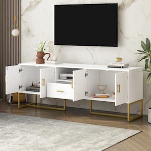 White TV Stand Fits TV's up to 70 in. with 1-Drawer, 2-Cabinets and Metal Legs, Handles and Anti-Tip Device