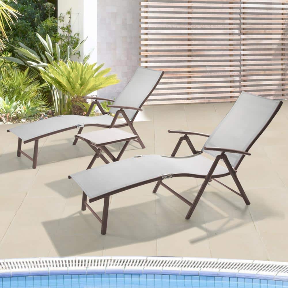 Light Gray Aluminum Outdoor Chaise Lounge Set with Folding Table