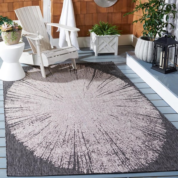 Courtyard Beige/Black 9 ft. x 12 ft. Floral Abstract Indoor/Outdoor Area Rug