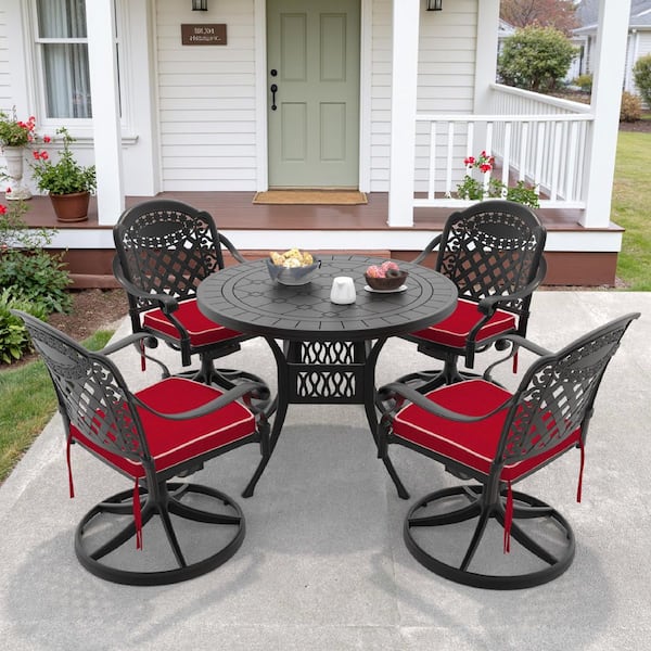 Vintage 5-Piece Cast Aluminum Patio Outdoor Dining Set with Round Dining Table, 4 Swivel Chairs and 4 Red Cushions