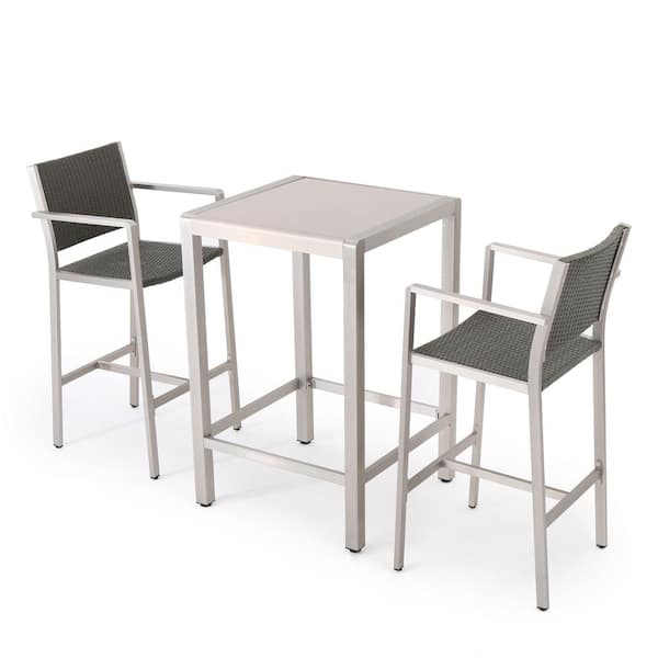 Noble House Cape Coral Silver 3-Piece Aluminum Square Outdoor Bar Height Bistro Set