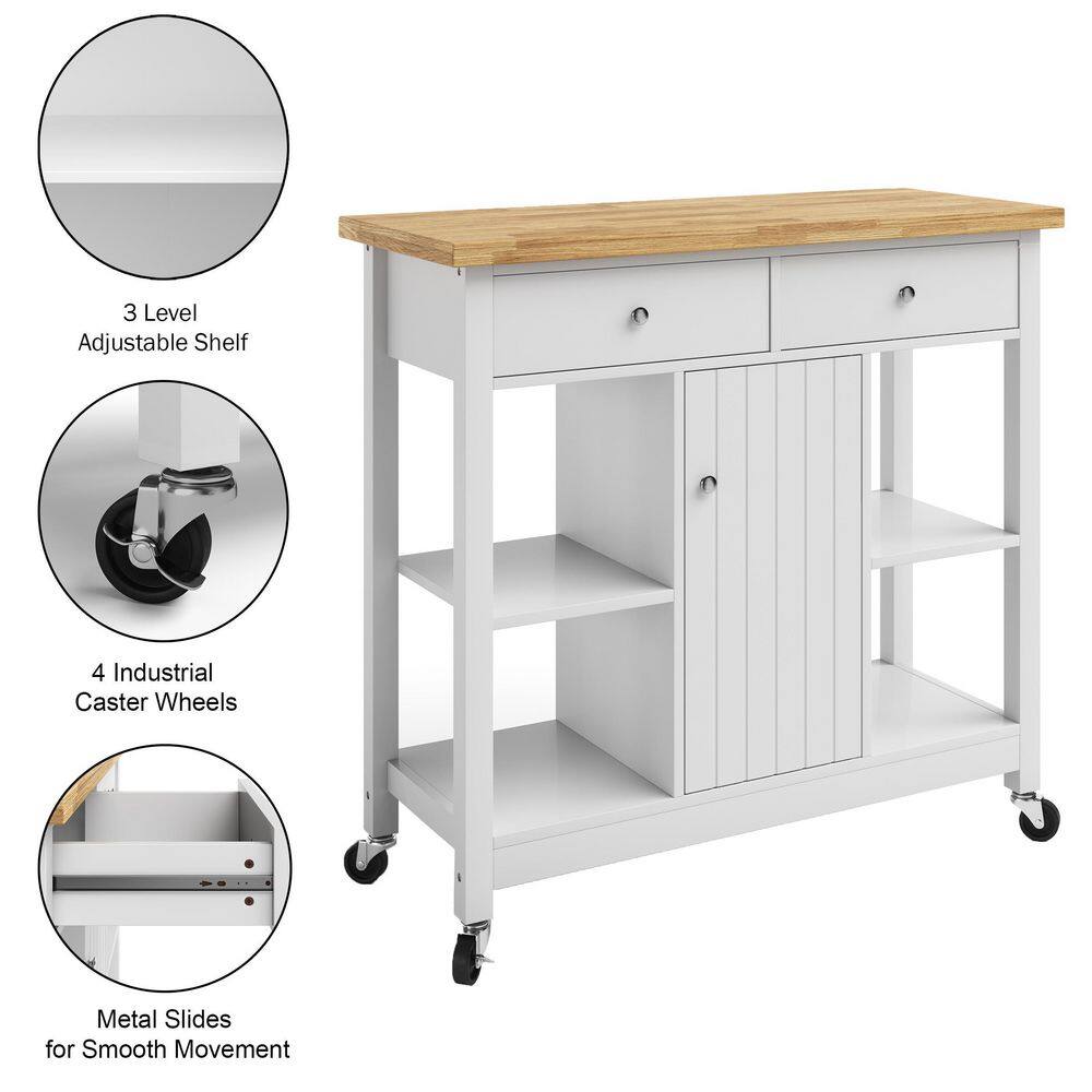 White Wood Butcher Block Kitchen Cart with Storage