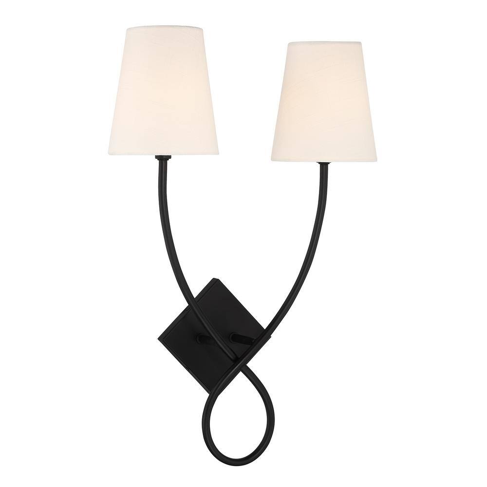 Matte Black 2-Light Wall Sconce with White Linen Shades