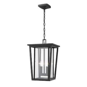 2-Light Black Outdoor Pendant Light with Clear Glass Shade